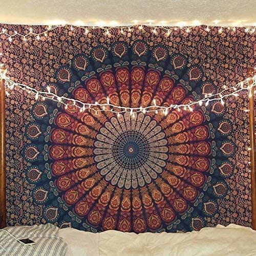 Nature's Own Indian hippie Bohemian Psychedelic Mirchi Yellow Blue Mandala Wall hanging Bedding Tapestry (Yellow Blue Pink, Twin (54x72Inches)(140x185cms))