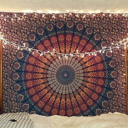 Nature's Own Indian hippie Bohemian Psychedelic Mirchi Yellow Blue Mandala Wall hanging Bedding Tapestry (Yellow Blue Pink, Twin (54x72Inches)(140x185cms))