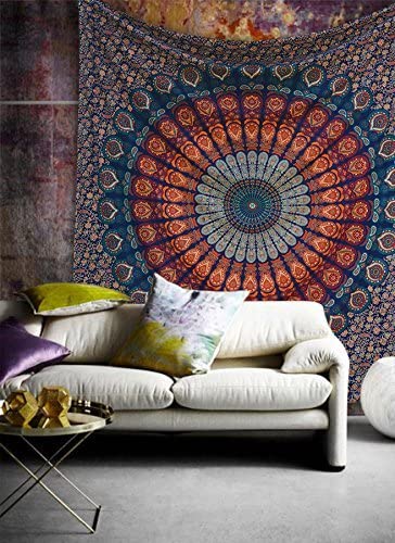 Nature's Own Indian hippie Bohemian Psychedelic Mirchi Yellow Blue Mandala Wall hanging Bedding Tapestry (Yellow Blue Pink, Twin (54x72Inches)(140x185cms))