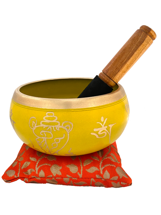 Tibetan Singing Bowl Set 5.5" inch with Holy Buddhist Mantra and Sacred Symbol from Nepal~ Antique design suitable for Yoga, Meditation, Sound Healing & Chakra Balancing - Yellow