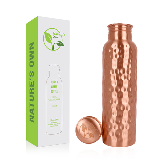 Nature’s Own Copper Water Bottle – 34 Oz Extra Large – Ayurvedic Pure Copper Water Bottle For Drinking – Drink More Water – Leak Proof – Jointless Water Bottle  - Hammered Design