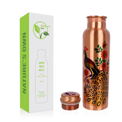 Nature’s Own Copper Water Bottle – 34 Oz Extra Large – Ayurvedic Pure Copper Water Bottle For Drinking – Drink More Water – Leak Proof – Jointless Water Bottle  - Hand Painted Peacock Design