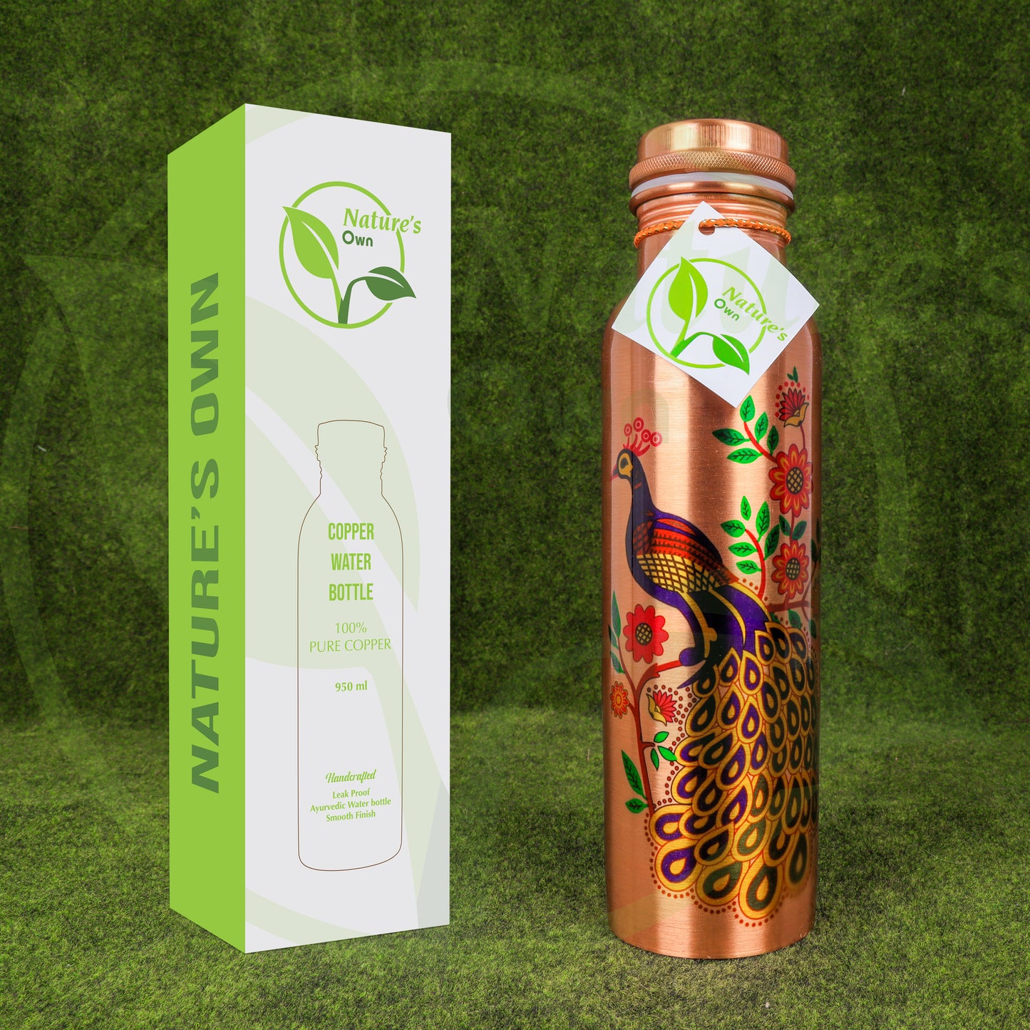Nature’s Own Copper Water Bottle – 34 Oz Extra Large – Ayurvedic Pure Copper Water Bottle For Drinking – Drink More Water – Leak Proof – Jointless Water Bottle  - Hand Painted Peacock Design