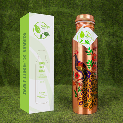 Nature’s Own Copper Water Bottle – 34 Oz Extra Large – Ayurvedic Pure Copper Water Bottle For Drinking – Drink More Water – Leak Proof – Jointless Water Bottle  - Hand Painted Peacock Design