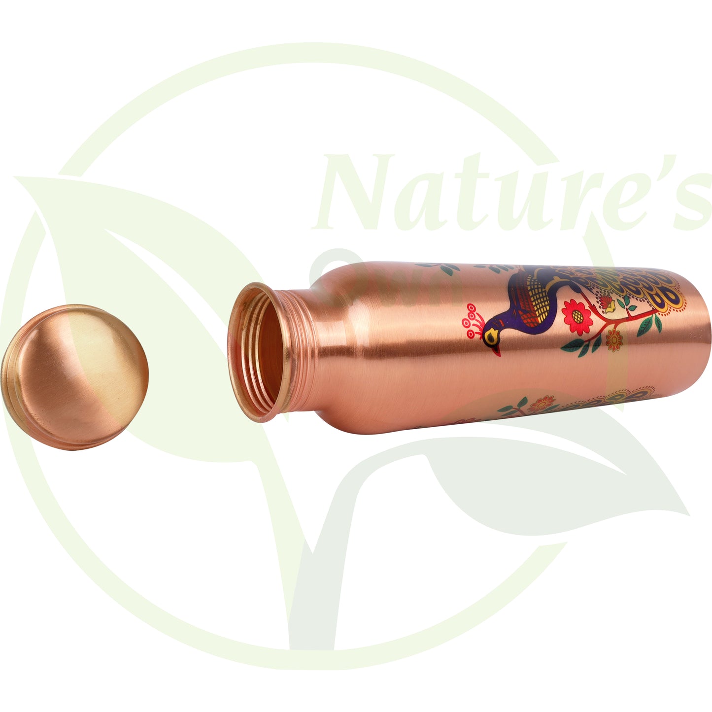 Nature’s Own Copper Water Bottle – 34 Oz Extra Large – Ayurvedic Pure Copper Water Bottle For Drinking – Drink More Water – Leak Proof – Jointless Water Bottle  - Hand Painted Peacock Design