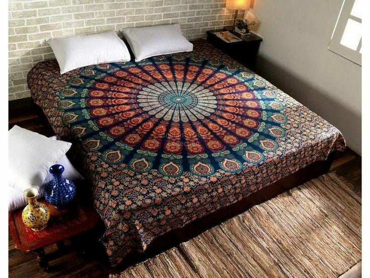 Nature's Own Indian hippie Bohemian Psychedelic Mirchi Yellow Blue Mandala Wall hanging Bedding Tapestry (Yellow Blue Pink, Twin (54x72Inches)(140x185cms))