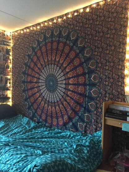 Nature's Own Indian hippie Bohemian Psychedelic Mirchi Yellow Blue Mandala Wall hanging Bedding Tapestry (Yellow Blue Pink, Twin (54x72Inches)(140x185cms))