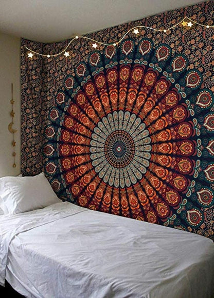 Nature's Own Indian hippie Bohemian Psychedelic Mirchi Yellow Blue Mandala Wall hanging Bedding Tapestry (Yellow Blue Pink, Twin (54x72Inches)(140x185cms))