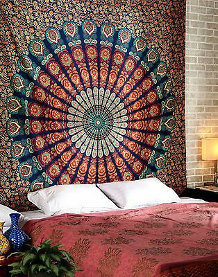 Nature's Own Indian hippie Bohemian Psychedelic Mirchi Yellow Blue Mandala Wall hanging Bedding Tapestry (Yellow Blue Pink, Twin (54x72Inches)(140x185cms))
